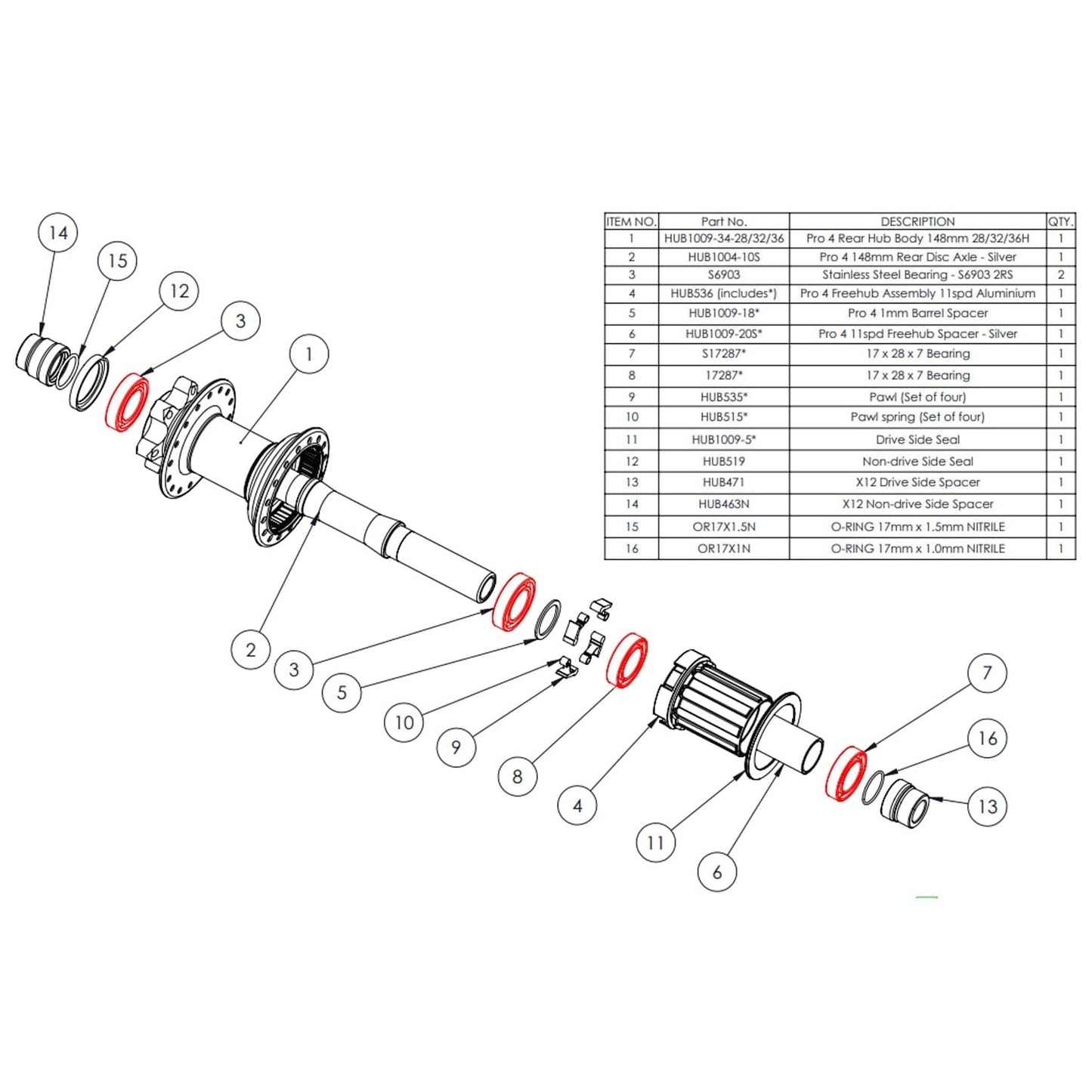 HOPE PRO4 Rear Hub Bearing Kit #HUB3P4R