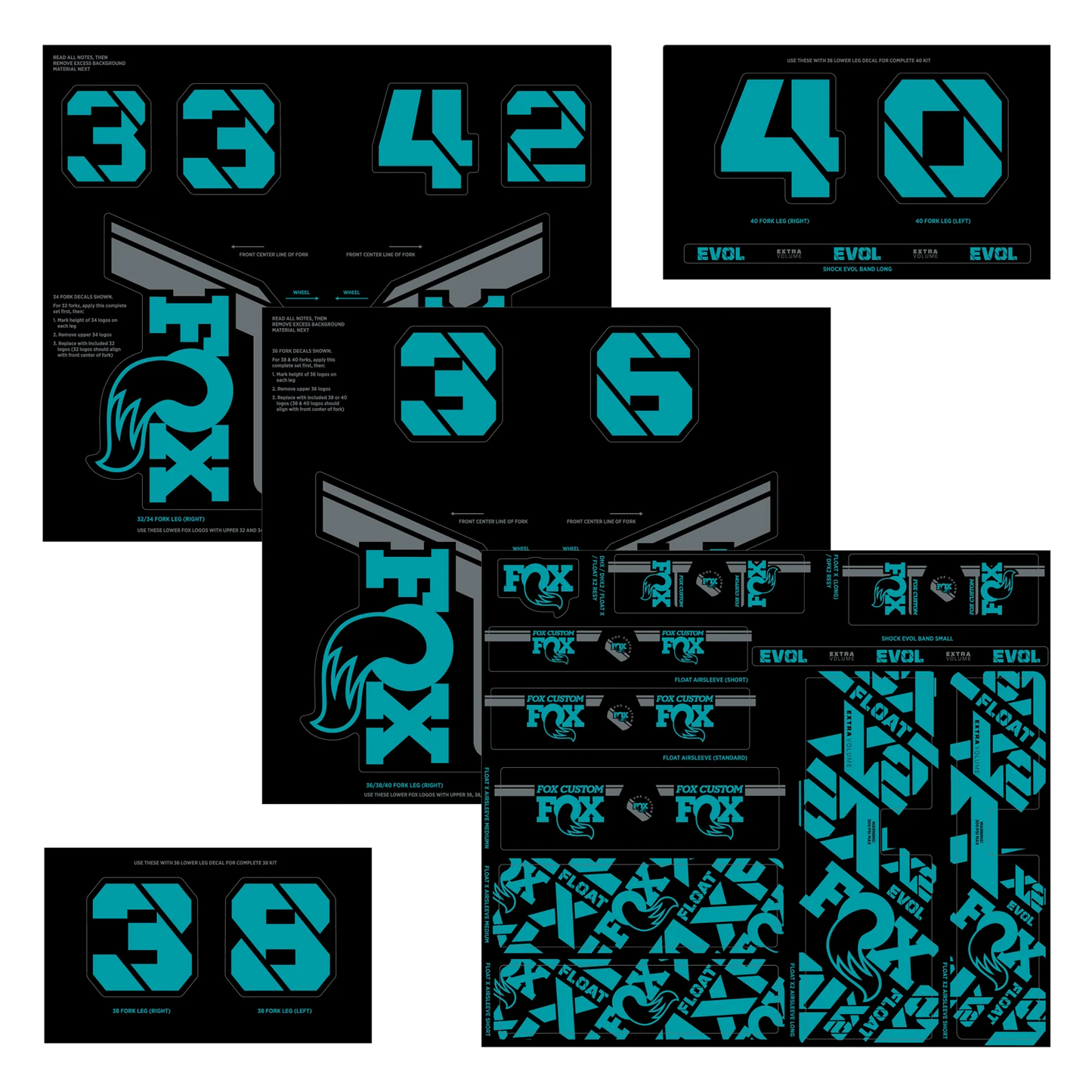 Tyrkysová sada samolepek na vidlice a tlumiče FOX