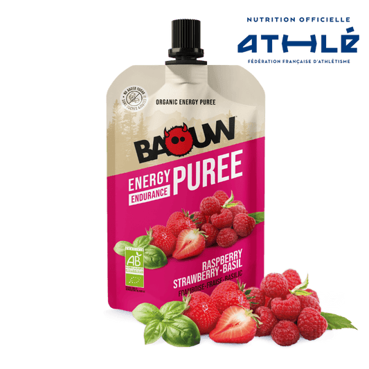 Energetické pyré BAOUW Organic Recipe s malinami, jahodami a bazalkou (90g)